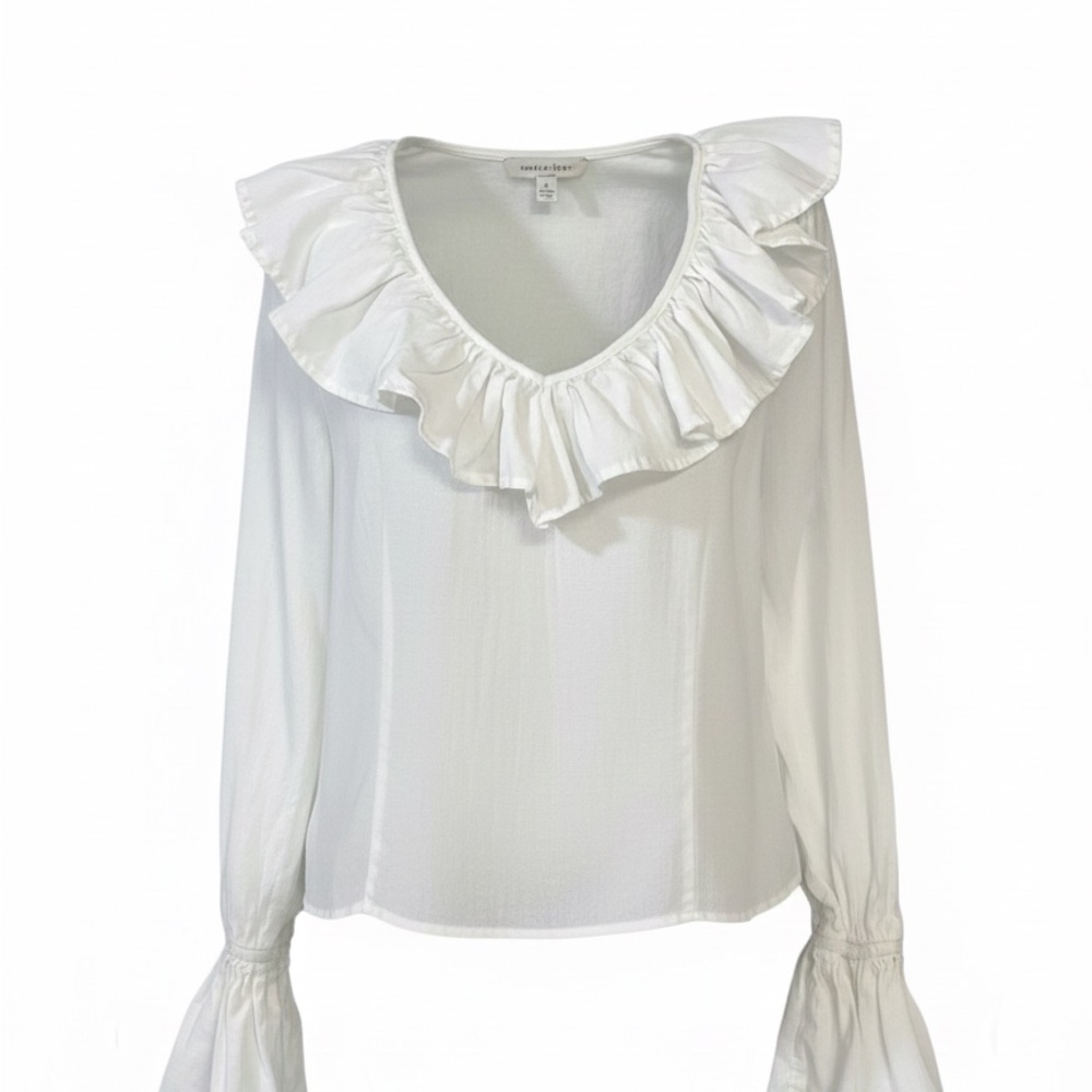 100% Cotton White Ruffle V-Neck Blouse